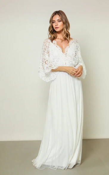 Lace Bohemian Bat Long Sleeve Ethereal V-neck Sheath Floor-length Bride Wedding Dress