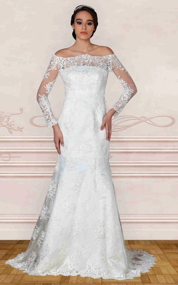 A-Line Off-The-Shoulder Long-Sleeve Lace Wedding Dress With Illusion