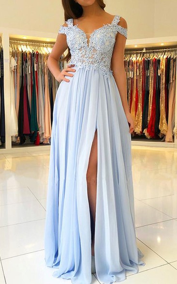 A Line Short Sleeve Chiffon Lace Elegant Zipper Illusion Prom Dress with Pleats