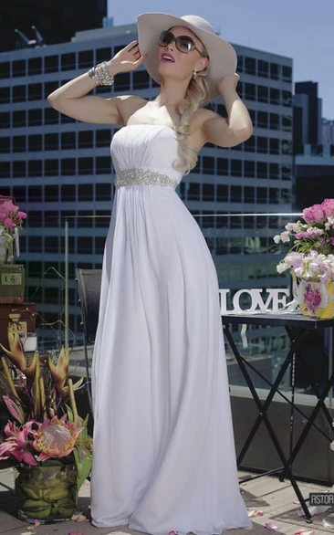 Floor-Length Strapless Jeweled Chiffon Plus Size Wedding Dress With Ruching