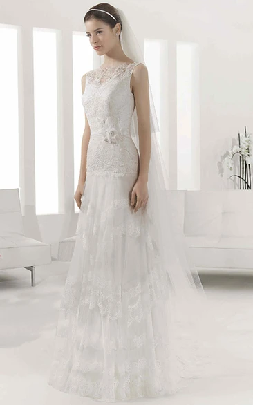 Bateau Sleeveless A-Line Tulle Gown With Lace Bodice And Layered Skirt