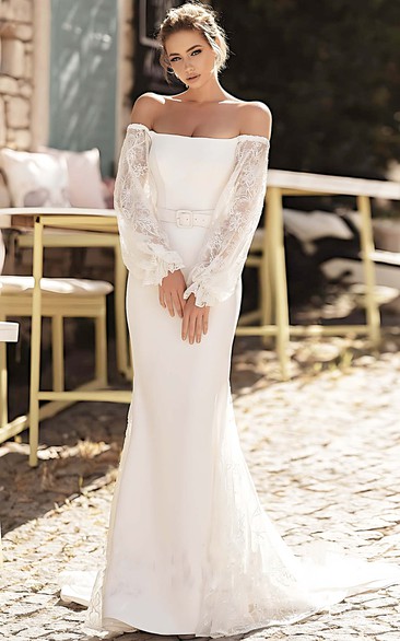 Elegant Trumpet Lace Off-the-shoulder Brush Train Floor-Length Long Sleeve Wedding Dress With Sash