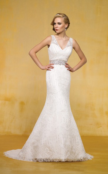 V-Neck Sleeveless Mermaid Wedding Dress With Crystals And Bow Tie