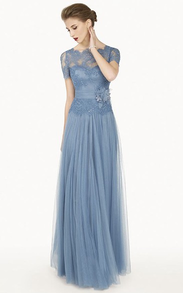 Scalloped Bateau Short Sleeve Lace Top Tulle Long Dress With Flower Sash