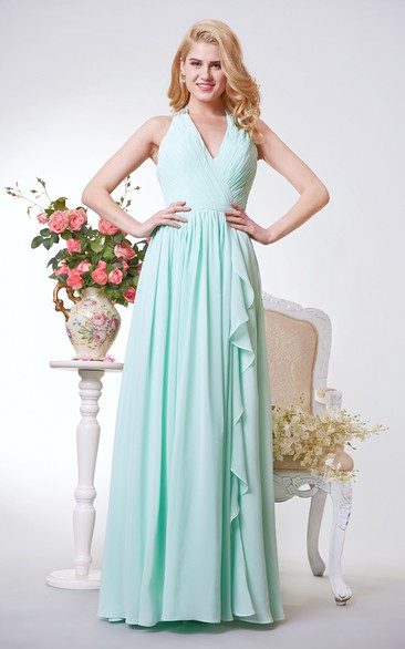 V-neck Ruched A-line Long Chiffon Dress With Illusion Back