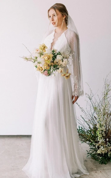 Bohemian A-Line Wedding Dress With Illusion Sleeve And V-neck 