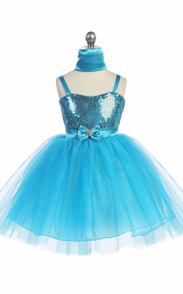 Knee-Length Cape Beaded Tiered Tulle&Sequins Flower Girl Dress With Ribbon