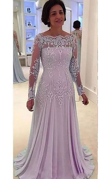 Long Sleeve A-line Bateau Floor-length Chiffon Lace Mother of the Bride Dress with Pleats