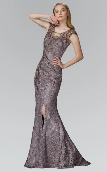 Trumpet V-Neck Sleeveless Lace Dress With Split Front And Beading