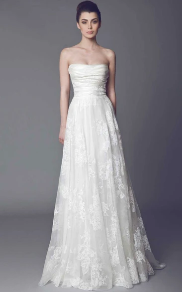 Strapless Maxi Appliqued Lace Wedding Dress With Sweep Train And V Back