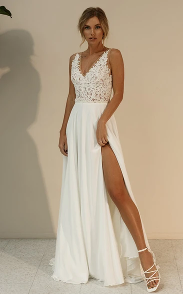 Lace Bohemian A-Line V-neck Garden Wedding Dress With Low-V Back And Split Front