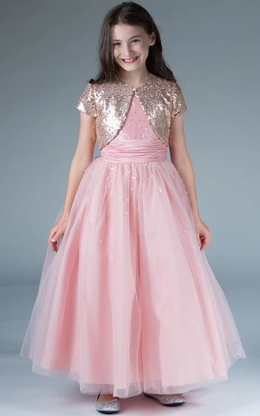 Flower Girl Beading A-line Tulle Long Dress With Sequin Short-sleeve Jacket