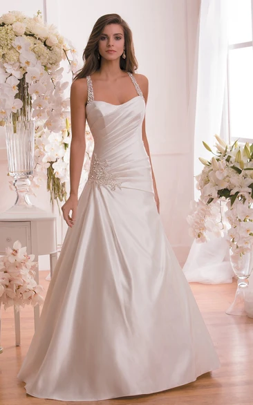 Sleeveless Square-Neck Ruched Wedding Dress With Crystal Straps