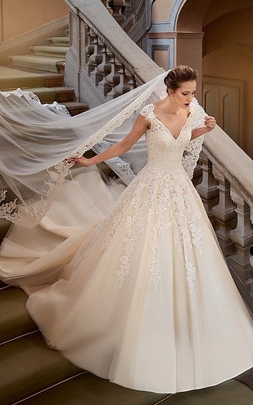 Ball Gown V-Neck Appliqued Floor-Length Cap-Sleeve Lace Wedding Dress
