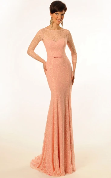 Sheath Long-Sleeve Scoop-Neck Floor-Length Lace Prom Dress