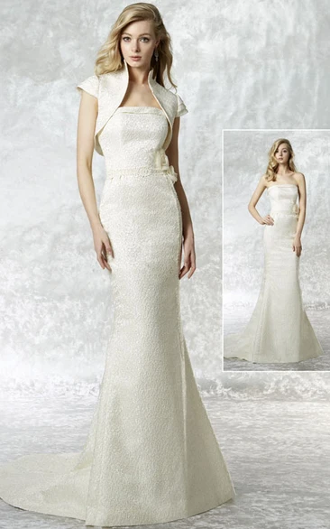 Sheath Strapless Floor-Length Lace Wedding Dress With Cape And V Back