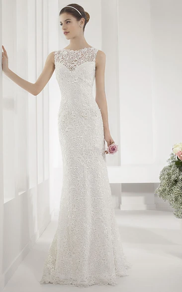 Allover Lace Illusion Neck Sheath Wedding Gown With Back Keyhole
