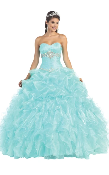Ball Gown Sweetheart Sleeveless Organza Lace-Up Dress With Ruffles And Beading