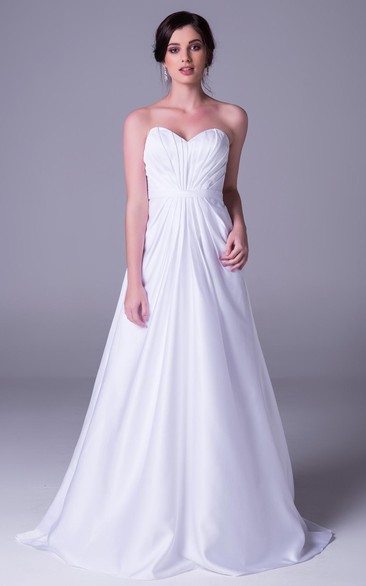 A-Line Floor-Length Sweetheart Satin Wedding Dress With Ruching And Deep-V Back