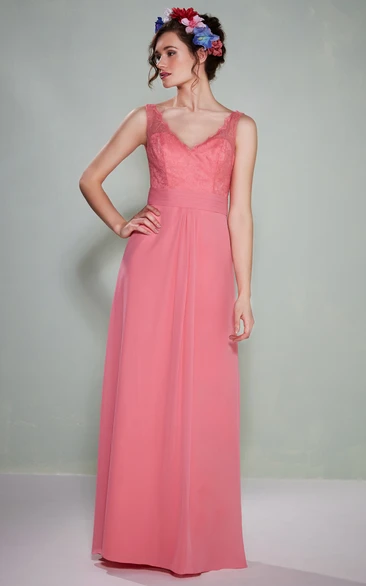 Sheath Floor-Length Lace Sleeveless V-Neck Chiffon Bridesmaid Dress With Low-V Back