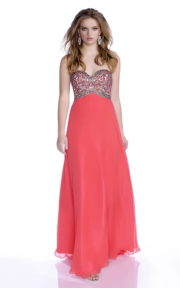 A-Line Chiffon Sweetheart Prom Dress With Rhinestone Bust And Open Back