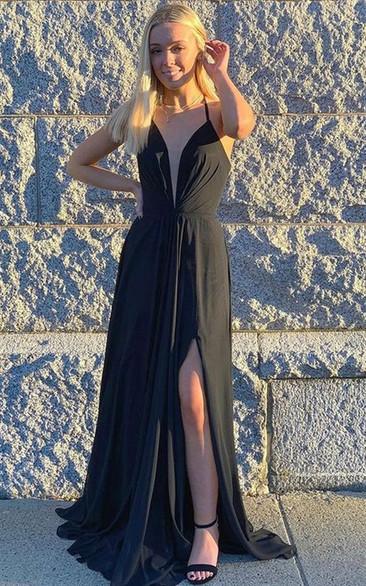 Simple Plunging Neckline A Line Jersey Sleeveless Floor-length Formal Dress with Split Front