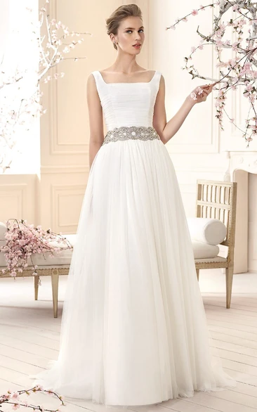 A-Line Square-Neck Sleeveless Ruched Maxi Tulle Wedding Dress With Waist Jewellery