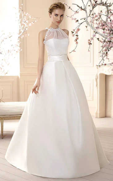 A-Line Floor-Length Sleeveless High-Neck Satin Wedding Dress