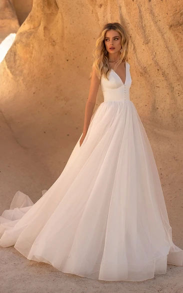 Sleeveless A-line V-neck With Button Details And V-back Tulle Wedding Dress