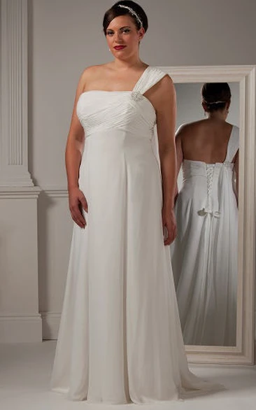 One Shoulder A-Line Bridal Gown With Crystal And Lace Up