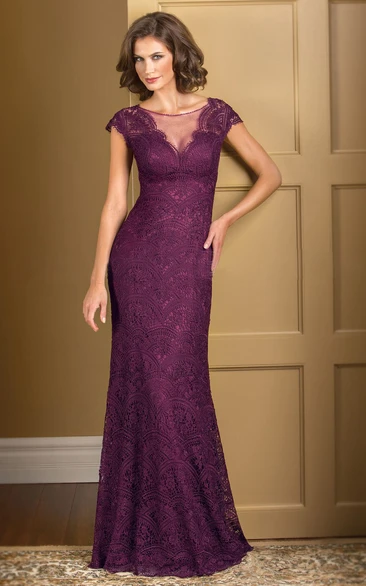 Cap-Sleeved Lace Gown With Illusion Neckline