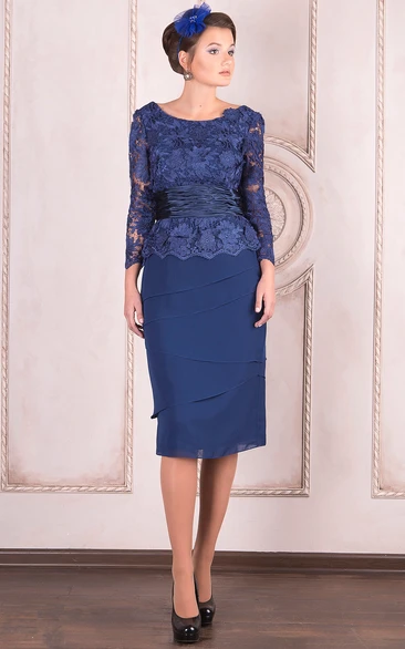 Pencil Knee-Length Appliqued Long Sleeve Scoop Neck Lace Mother Of The Bride Dress