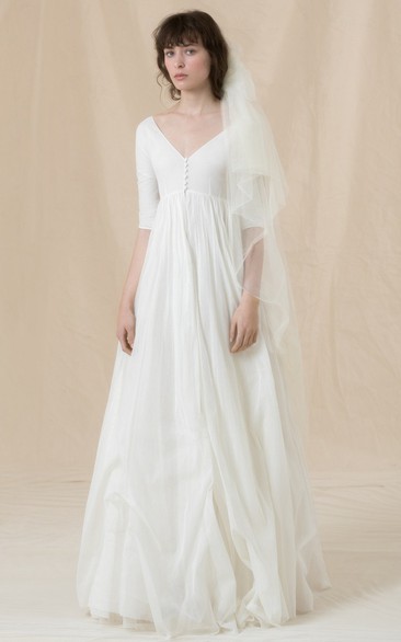 Elegant Tulle A Line Floor-length Half Sleeve V-neck Wedding Dress with Ruching