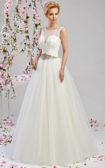 A-Line Scoop-Neck Floor-Length Sleeveless Appliqued Tulle&Satin Wedding Dress With Waist Jewellery