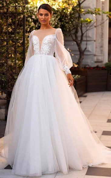 Casual Lace Brush Train Long Sleeve Ball Gown Plunging Neckline Wedding Dress with Sequins