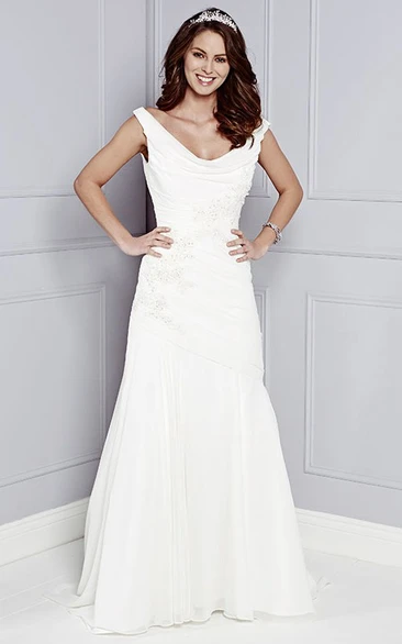 A-Line Cowl-Neck Maxi Appliqued Sleeveless Wedding Dress With Ruching