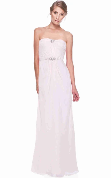 Strapless Ruched Long Chiffon Bridesmaid Dress With Broach