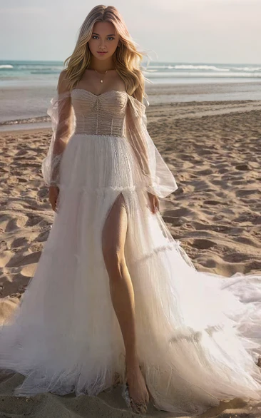 Sweetheart Neck Fluttering Fairy A-Line Off-the-shoulder Tulle Pleats Plus Size Floor-length Long Sleeve Wedding Bride Dress Backless Split