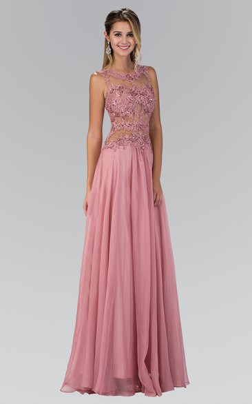 A-Line Scoop-Neck Sleeveless Chiffon Illusion Dress With Beading And Pleats