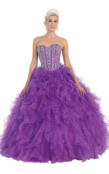 Ball Gown Long Sweetheart Sleeveless Organza Lace-Up Dress With Ruffles And Beading