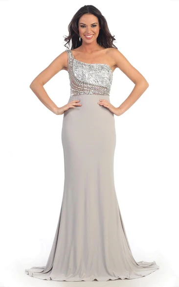 Sheath One-Shoulder Sleeveless Jersey Illusion Dress With Beading And Sequins