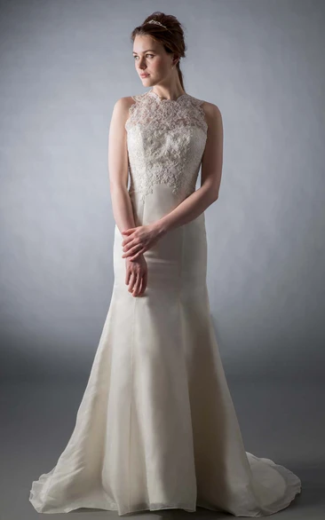 A-Line Floor-Length Appliqued High Neck Sleeveless Satin Wedding Dress With Illusion Back And Court Train