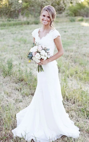 Cap Sleeve V-neck Sheath Chiffon Country Wedding Dress With Lace Bodice and Sash
