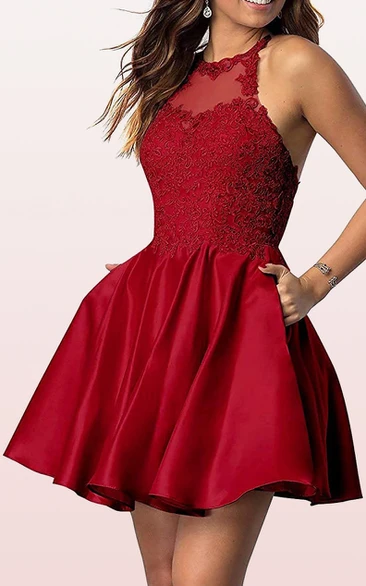 Adorable A Line Satin Lace Jewel Sleeveless Homecoming Dress with Pleats