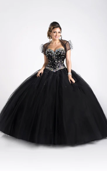 A-Line Sleeveless Tulle Ball Gown With Crystal Bodice And Removable Cap
