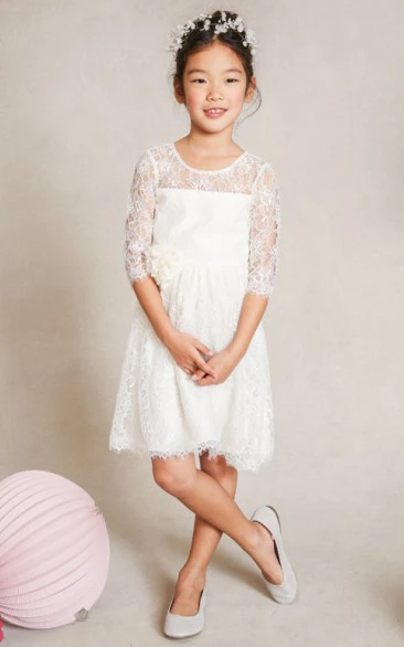 A-Line Floor-Length Half-Sleeve Scoop-Neck Lace Flower Girl Dress