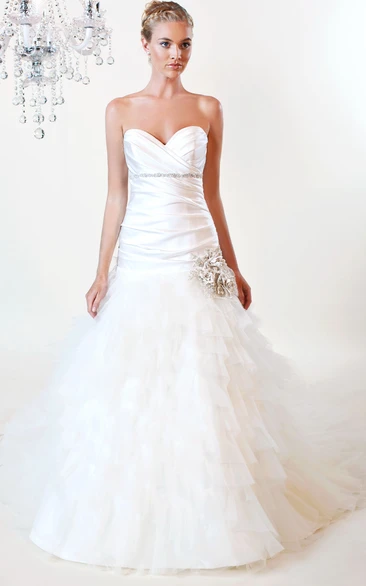 A-Line Sweetheart Long Tulle&Satin Wedding Dress With Cascading Ruffles And Waist Jewellery