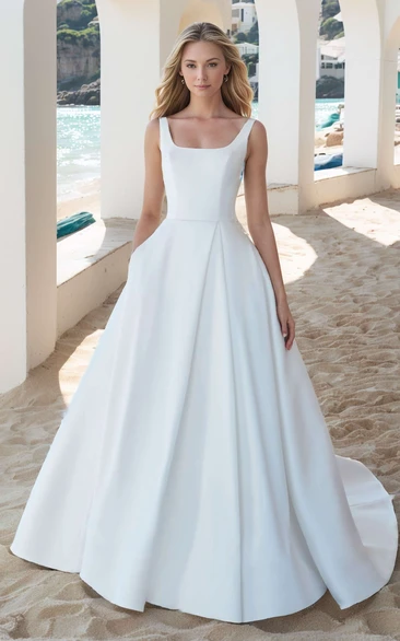 Modest Simple A-Line Satin Ball Gown Wedding Dress Classic Elegant Minimalist Square Neck Backless Bridal Gown with Long Train