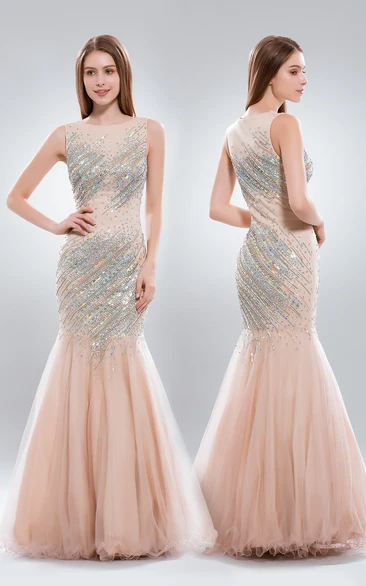 Mermaid Long Scoop-Neck Sleeveless Tulle Dress With Beading And Ruffles