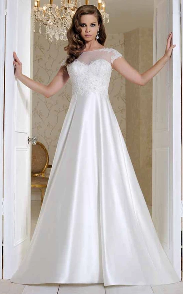 Long Bateau Appliqued Short-Sleeve Satin Wedding Dress With Court Train And Illusion